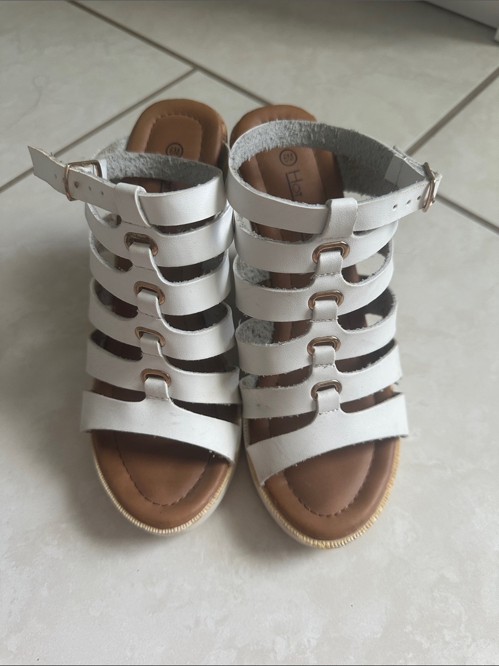 Hot Tomato White Multi-Strap Gladiator Sandals with Gold Accents